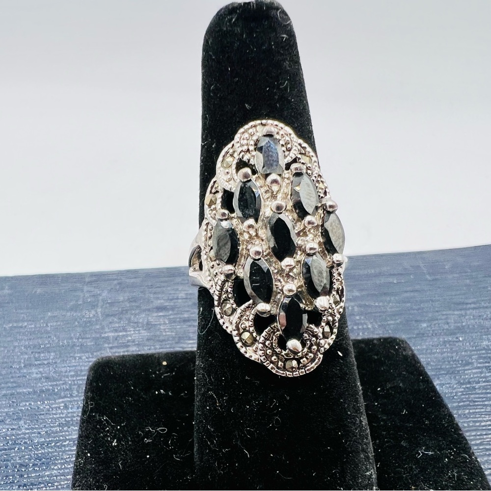 Sterling silver lattice cocktail ring black navette rhinestones size 7 - Picture 15 of 15